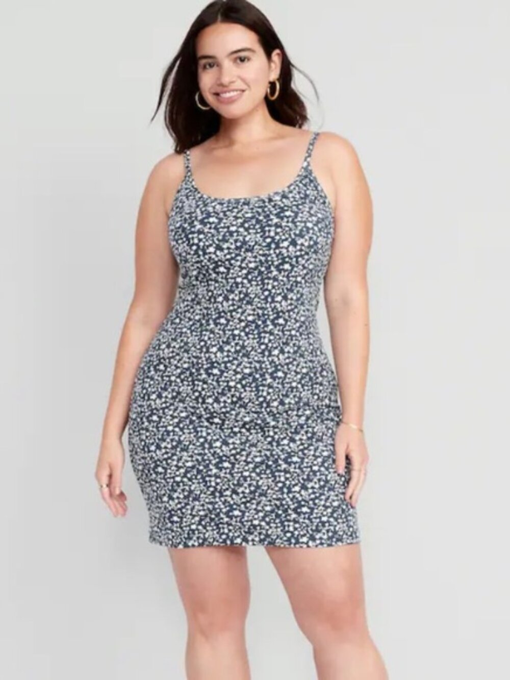 NWT Old Navy Cami Dress Size XL Blue Ditsy Floral Fitted Rib Knit Mini Shelf Bra